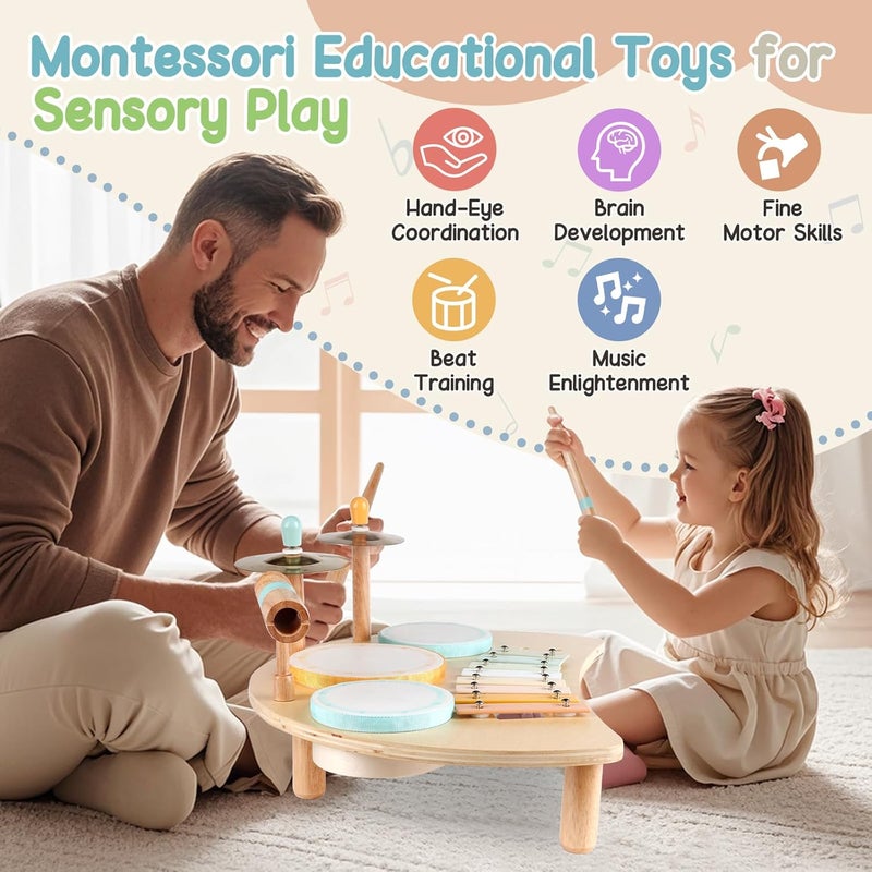 Rmischolar Kids Drum Set, Montessori Musical Instruments for Toddlers 1-3, Wooden Musical Toys for Babies, Preschool Educational Baby Drum Kit with Xylophone, Birthday Gift for Boys Girls - Image 3
